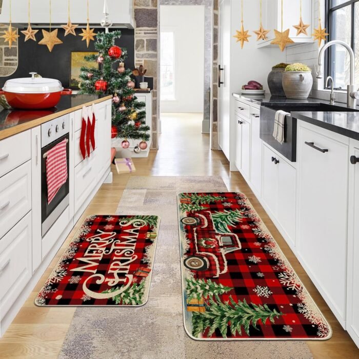 Christmas Kitchen Mats for Floor, Christmas Kitchen Rugs Set of 2 - Farmhouse Truck Red Buffalo Plaid Christmas Kitchen Decor - Christmas Decorations for Bathroom,Home,Indoor 17"x27+17"x47" - Image 7