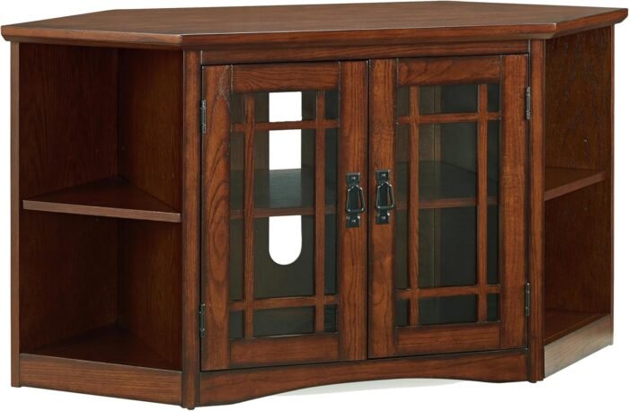 Leick Home 82287 Solid Wood Mission Oak Two Door Corner TV Stand For 50" TVs Living Room Storage Shelves Entertainment Center, Mission Oak TV Console