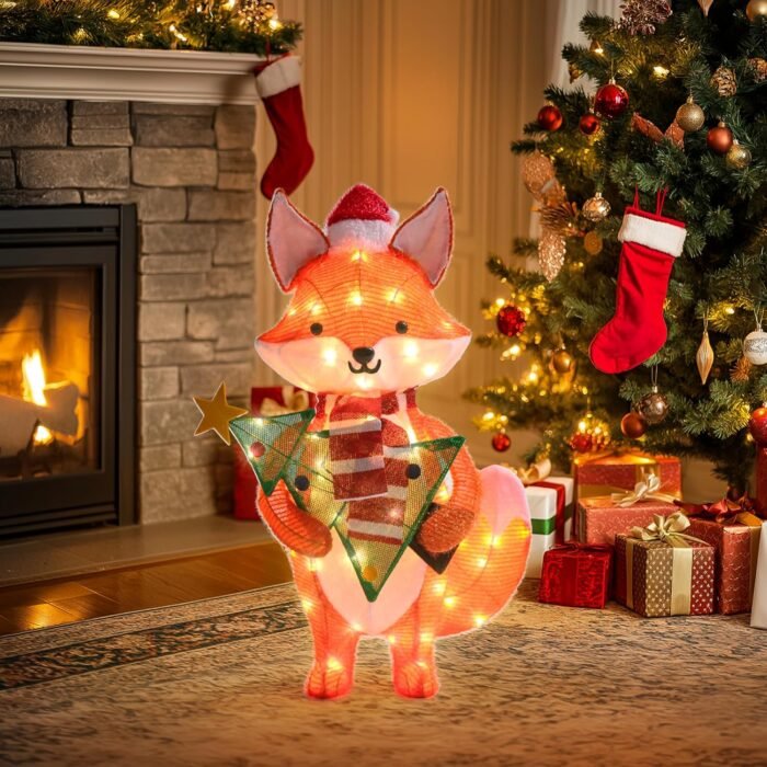 GENIMO Standing Fox Outdoor Christmas Decorations, 28.5 Inch Plush Pre-Lit Family Holiday Decor with 50 Lights, Fix with Stakes, Light for Indoor Outside Yard Porch Lawn Garden Patio - Image 4
