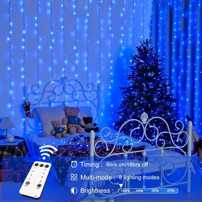 JMEXSUSS 300LED Christmas Curtain Lights, Blue Christmas Lights with Remote, Blue String Lights for Bedroom Wall Window Backdrop Garden Indoor Outdoor Christmas Decorations, 9.8x9.8ft - Image 2