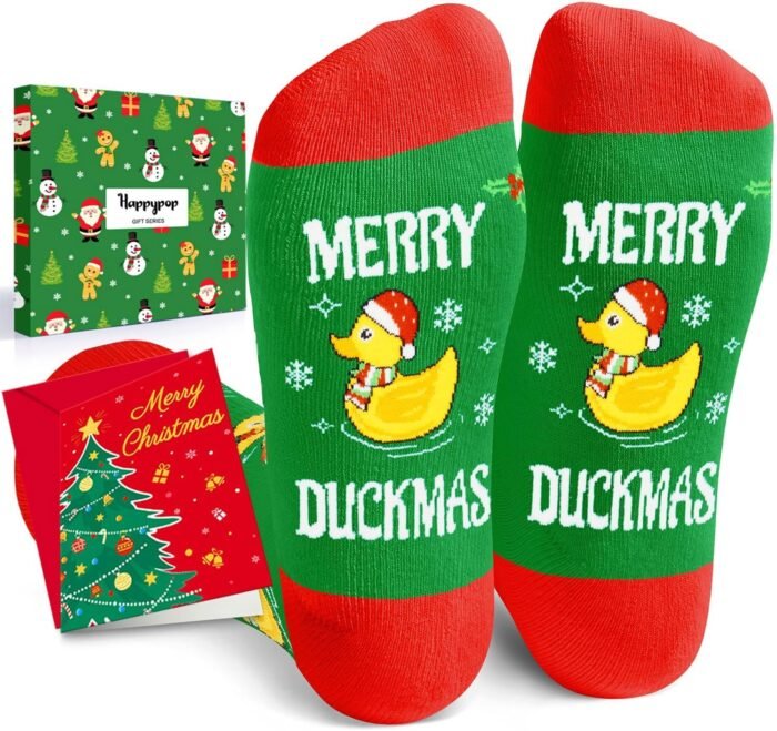 HAPPYPOP Christmas Gifts Stocking Socks for Men Women - Duck Socks Xmas Stocking with Greeting Card for Teen Boys Girls, Santa Socks for Christmas