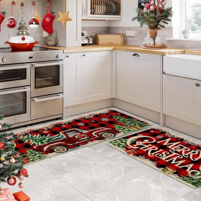 Christmas Kitchen Mats for Floor, Christmas Kitchen Rugs Set of 2 - Farmhouse Truck Red Buffalo Plaid Christmas Kitchen Decor - Christmas Decorations for Bathroom,Home,Indoor 17"x27+17"x47" - Image 4