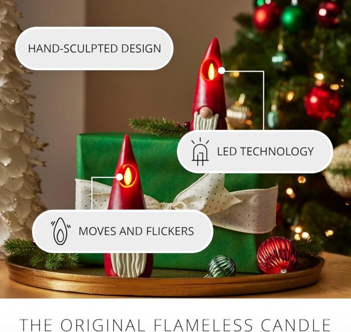 Luminara Flameless Candle Gnome Figural 2.8" x 8" Smooth Finish Real Wax Unscented Winter Christmas Decoration (Burgundy) - Image 3