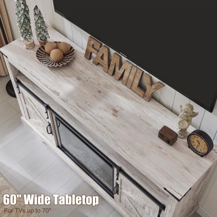 OKD Fireplace TV Stand for 65+ Inch TV, 33" Tall Highboy Farmhouse Entertainment Center w/ 23'' Electric Fireplace, Rustic Media Console w/Sliding Barn Door for Living Room, Antique Brush White - Image 4