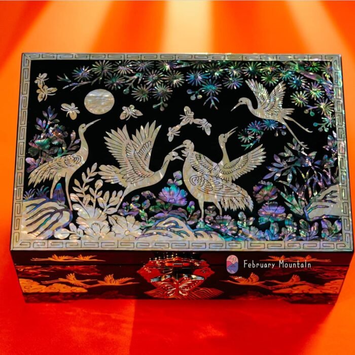 February Mountain Mother of Pearl Jewelry Box – Traditional Korean Design with Cranes and Pine Trees | Handcrafted Wooden Box, Velvet-Lined Interior for Rings, Earrings & Necklaces | Gifts for Women - Image 8