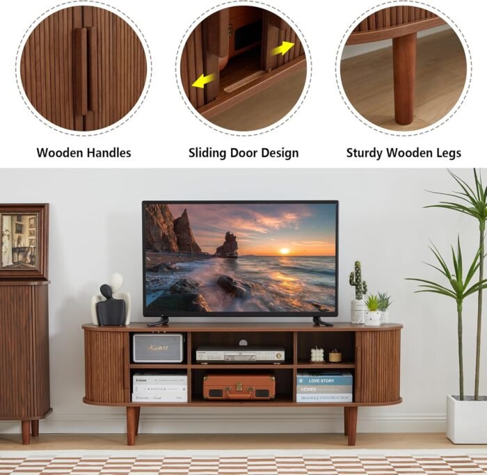 TV Stand, Modern TV Console Table with Storage Compartment and Sliding Door, Gaming Entertainment Center with Cabinet for Living Room, Bedroom, Office (Walnut) - Image 6