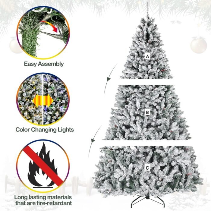 Hykolity 7.5 ft Prelit Snow Flocked Christmas Tree, Artificial Christmas Tree with Pine Cones and Berries, 450 Color Changing LED Lights, 1446 Branch Tips, Metal Stand and Hinged Branches, 10 Colors - Image 6