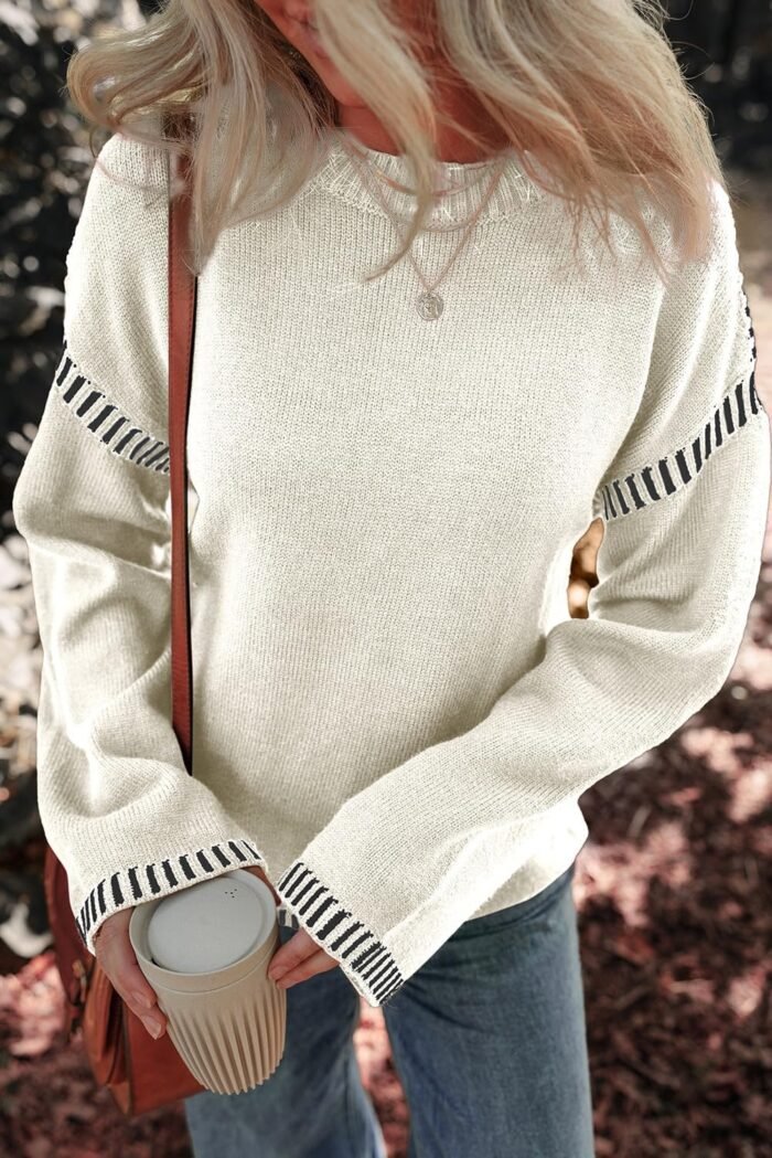 Dokotoo Sweaters for Women Fashion Solid Crewneck Loose Fit Long Sleeve Contrast Cable Knit Pullover Sweater Jumper Tops - Image 7