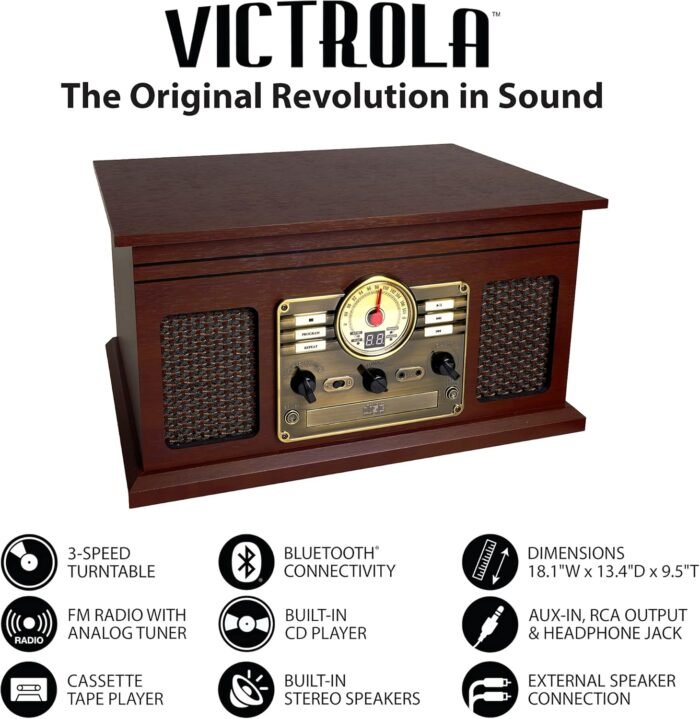 Victrola Nostalgic 6-in-1 Bluetooth Record Player & Multimedia Center with Built-in Speakers - 3-Speed Turntable, CD & Cassette Player, AM/FM Radio | Wireless Music Streaming | Espresso - Image 3