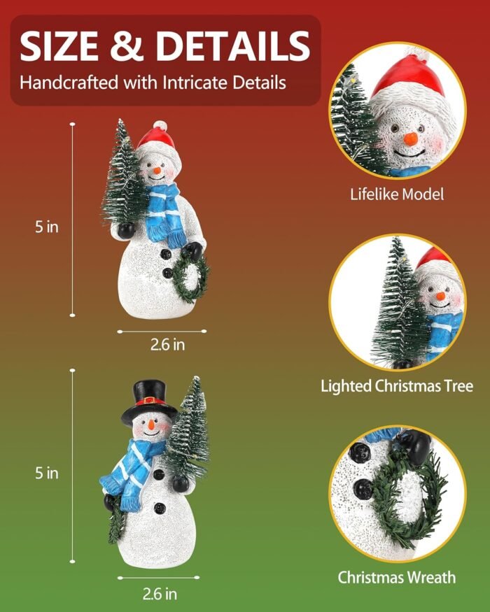 Duo 5'' Resin Snowman Figurines with Lighted Christmas Tree Wreath - Christmas Decorations Indoor Snowman Decor Ornaments Centerpiece - Winter Holiday (Snowmen) - Image 5