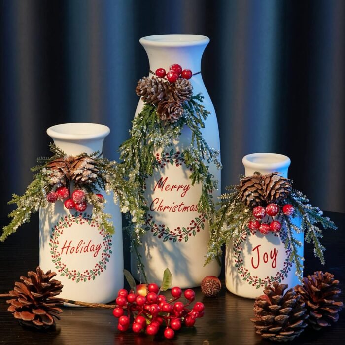 Artificial Christmas 3-Piece Set Flocked with Mixed Xmas Decorations Ceramic White Bottles - Image 3