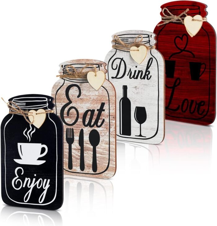 Yalikop 4 Pcs, Wall Decor Eat Drink Enjoy Love Wood Sign Mason Jar Shaped Wooden Rustic Home Decor for Home Kitchen Dining Room Bar Cafe Decor (White, Brick Red, Light Brown, Black, Retro Style)