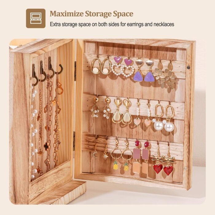 ProCase Large Jewelry Box, 5-Layer Wooden Jewelry Boxes for Women, Jewellery Holder Organizer Storage Case with Mirror for Earrings Bracelet Necklace for Dresser -Natural - Image 4
