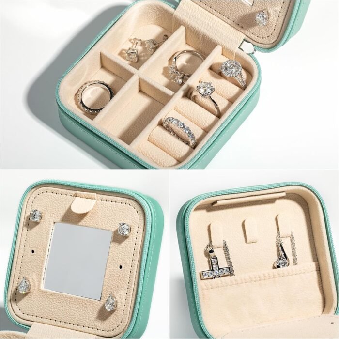 AnuClub Small Jewelry Box, Travel Jewelry Organizer Boxes for Women Portable PU Leather Jewellery Storage Case with Mirror for Earring Ring Necklace - Image 4