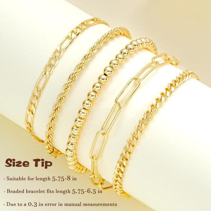 Gold Bracelets for Women, Dainty 14K Gold Plated Stackable Link, Trendy Adjustable Cuban Beaded Gold Chain Bracelet Stack Set - Image 4