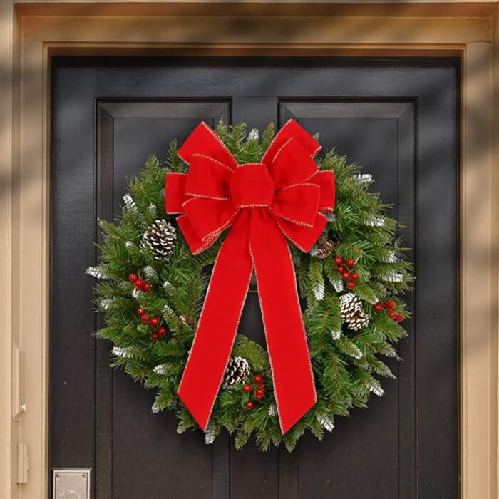 2 Pack Red Christmas Bows Outdoor Decorations,12”x20” Large Christmas Tree Topper Bow, Velvet Wreath Bow with Glitter Gold Edge for Xmas Home Front Door Decor - Image 5
