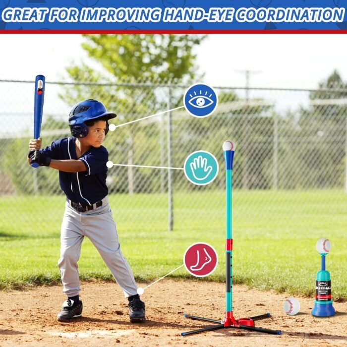 3-in-1 Baseball Set Kids Sports Toy: Hanging Batting Tee + Stand Set for Toddlers & Youth Adjustable Height with Auto Ball Launcher 6 balls 2 Bats Outdoor&Indoor Toys Birthday Gifts for 3-12 years old - Image 4