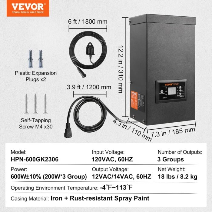 VEVOR 600W Landscape Transformer, Timer & Photocell Sensor Equipped, Weatherproof Outdoor Lighting Converter, 120V AC to 12V/14V AC, Ideal for Exterior, Spotlight, Pathway,ETL Certi - Image 7