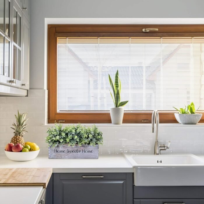1 Pcs Wooden Potted Eucalyptus Plant Greenery Arrangement Artificial Eucalyptus Plant in Rectangular Wood Planter Box for Rustic Farmhouse Indoor Centerpiece Tabletop Window Sills Kitchen Shelf Decor - Image 7