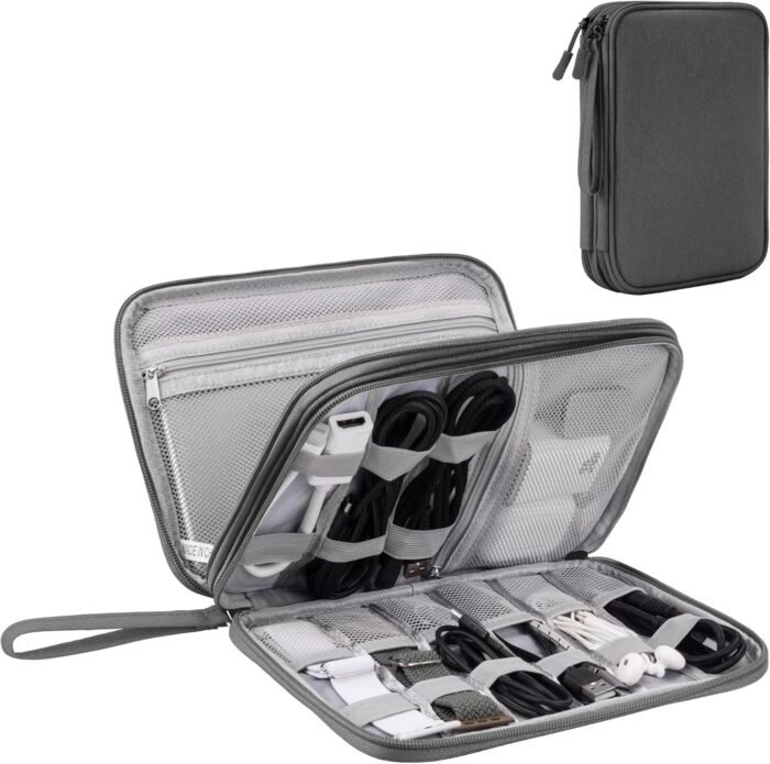 Arae Electronic Organizer, Travel Cable Organizer, Double Layers Portable Waterproof Pouch, Electronic Accessories Storage Case for Cable, Cord, Charger, Phone, Earphone (Dark Gray, L)