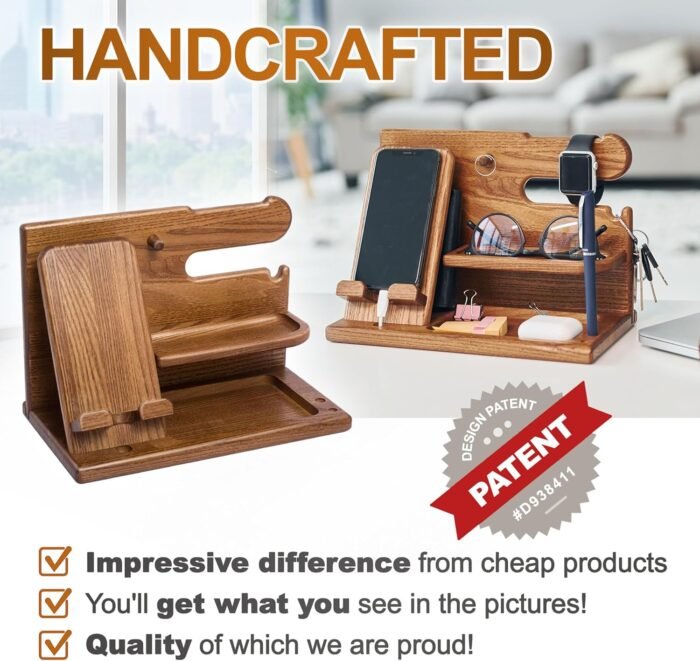 TESLYAR Wood Phone Docking Station for Men - Desk Accessories & Workspace Organizer - Nightstand Organizer - Birthday Gifts for Men or Dad - Idea for Anniversary - Key Holder - Stand Watch (Beige) - Image 2