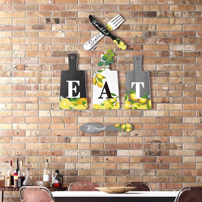 Qunclay 6 Pcs Lemon Cutting Board Eat Sign Set Fall Hanging Art Kitchen Eat Sign Lemon Knife Fork and Spoon Wall Decor Rustic Primitive Farmhouse Kitchen Christmas Decor(Black, White, Gray) - Image 6