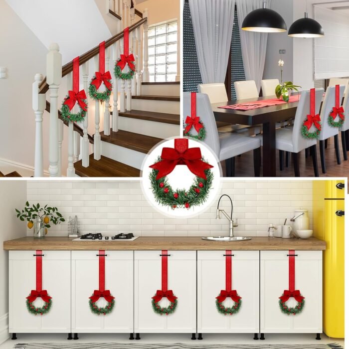 12 Pcs Christmas Kitchen Cabinet Wreaths with Ribbon 3.94 Inch Mini Christmas Wreath Small Kitchen Wreath Greenery Wreath for Window Door(Red,Classic Style) - Image 4