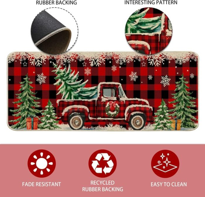 Christmas Kitchen Mats for Floor, Christmas Kitchen Rugs Set of 2 - Farmhouse Truck Red Buffalo Plaid Christmas Kitchen Decor - Christmas Decorations for Bathroom,Home,Indoor 17"x27+17"x47" - Image 5