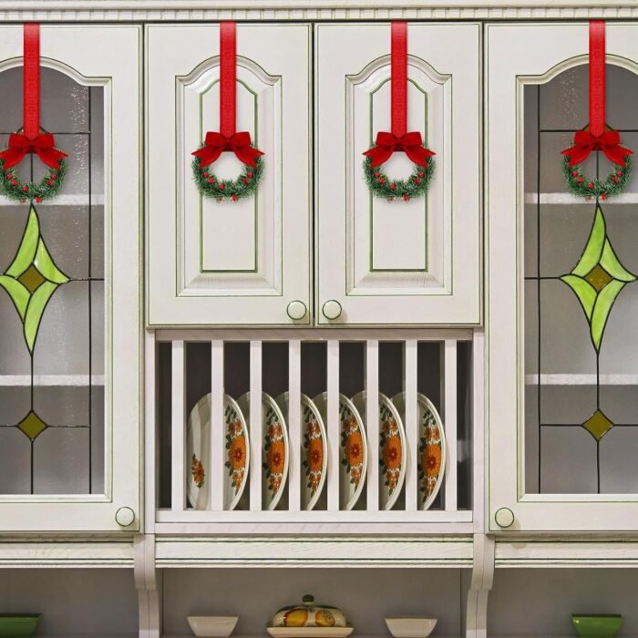 12 Pcs Christmas Kitchen Cabinet Wreaths with Ribbon 3.94 Inch Mini Christmas Wreath Small Kitchen Wreath Greenery Wreath for Window Door(Red,Classic Style) - Image 3