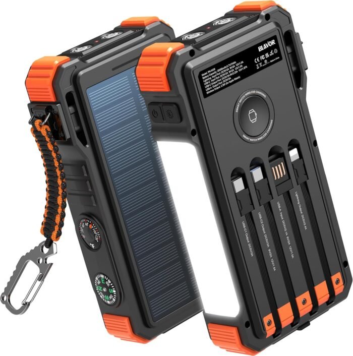 BLAVOR Solar Charger Power Bank 20000mAh Built in 4 Cables, 20W Fast Charging External Battery Pack with USB C, Camping Light, Flashlight, Carabiner for Cell Phones, Portable Charger for Apple Watch
