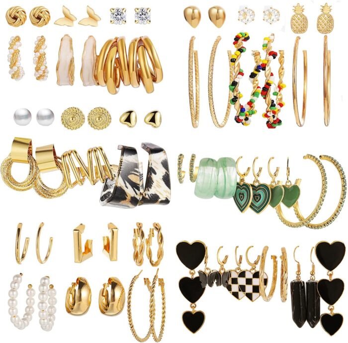 34 Pairs Gold Hoop Earrings Set for Women, Fashion Drop Dangle Earring Packs Black Hearts Earrings Multipack Hypoallergenic Earrings for Valentine's Day Gifts