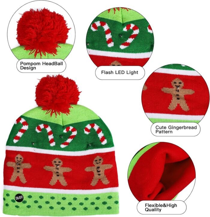 2 Pack Christmas LED Light-up Knitted Beanie Hat Colorful Flashing Holiday Xmas Christmas Party Supplies(One Size Fits More) - Image 2