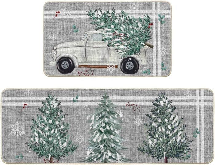 Artoid Mode Truck Pine Holly Stripes Christmas Decorative Kitchen Mats Set of 2, Home Decor Party Low-Profile Kitchen Rugs - 17x29 and 17x47 Inch