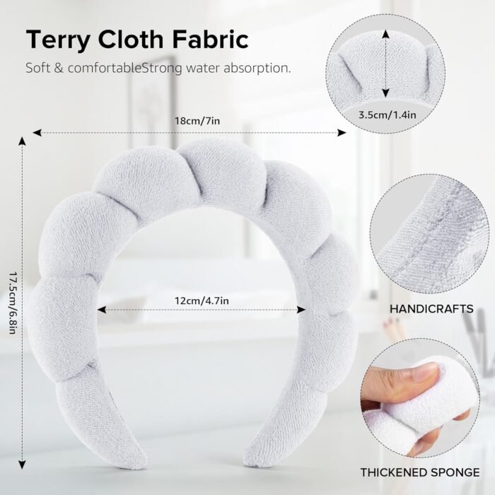 Spa Headbands, Set of 2 - Terry Cloth Headband for Washing Face or Facial, Puffy Makeup Headbands for Face Washing, Mask, Skin Treatment - 1 White & 1 Black - Image 5