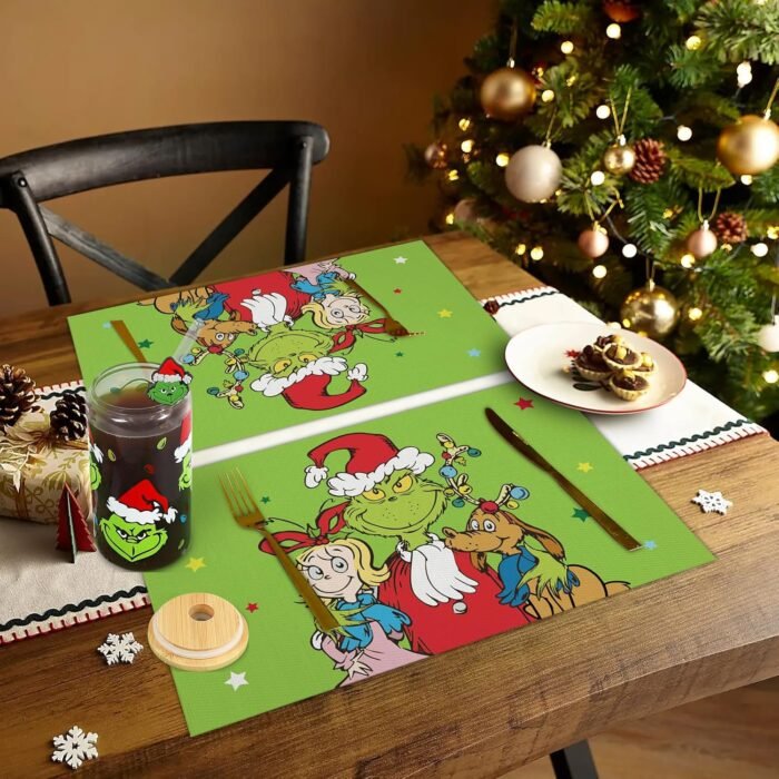 DAZONGE Set of 6 Christmas Table Placemats, Green Xmas Placemats for Dining Table Decor, Washable Table Mats for Christmas Holiday Home Kitchen Decor - Image 6