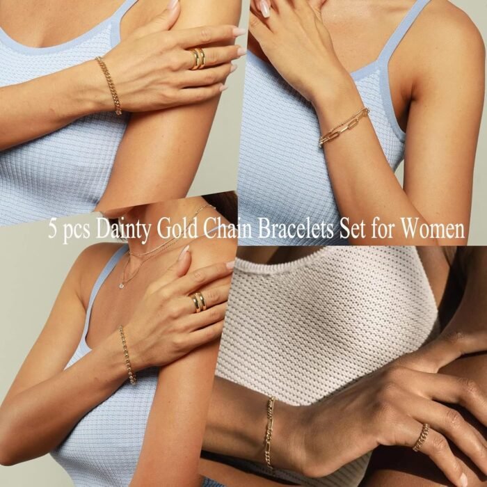 Gold Bracelets Set for Women 14K Real Gold Plated Dainty Gold Link Chain Bracelets for Women Trendy Gold Stackable Cuff Bracelets for Jewelry Gifts Women Adjustable 7"+2" - Image 3