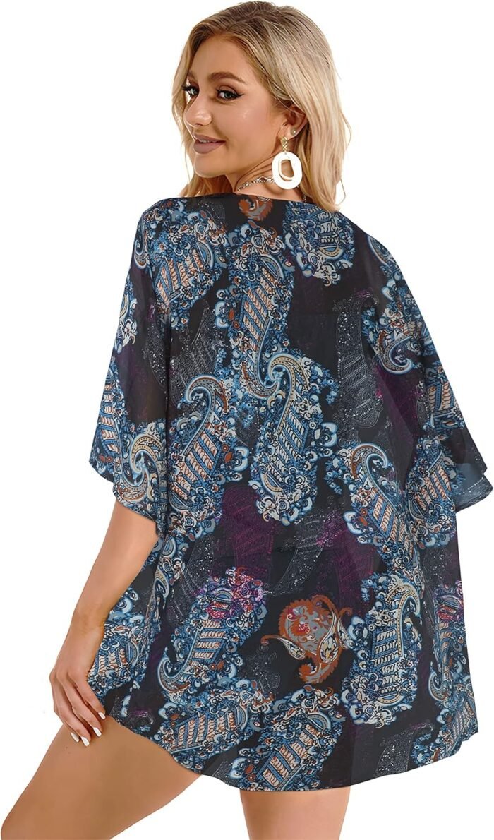 Women's Floral Print Puff Sleeve Kimono Cardigan Loose Cover Up Casual Blouse Tops - Image 6