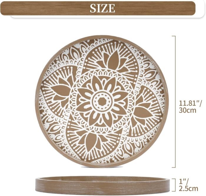Hanobe Round Wood Decorative Tray: Boho Coffee Table Tray Farmhouse Rustic Brown Centerpiece Decor Wooden Serving Trays Circle Tray for Kitchen Counter Bohemian Ottoman Tray for Home - Image 6