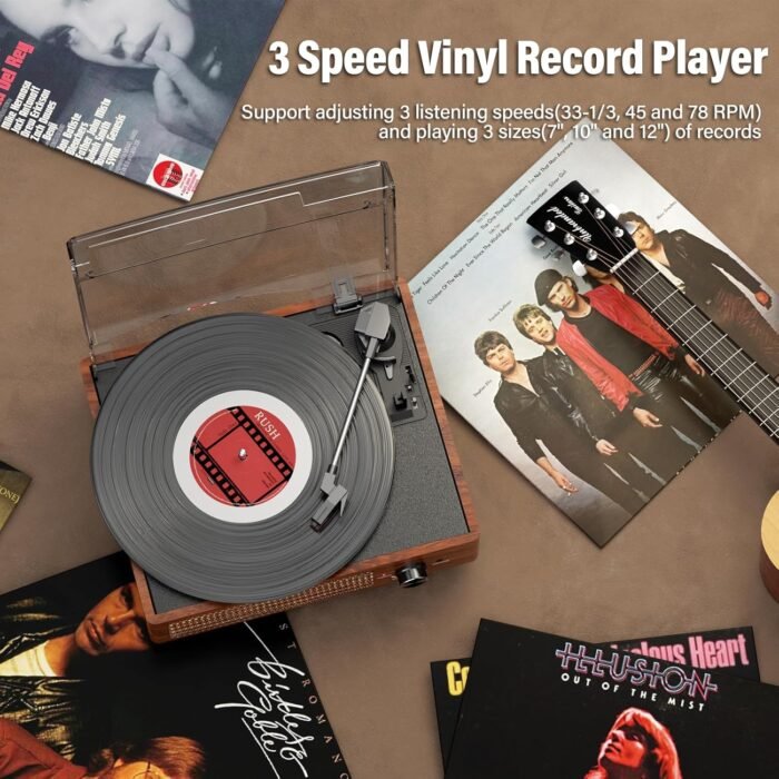 Vinyl Record Player Turntable with Built-in Bluetooth Receiver & 2 Stereo Speakers, 3 Speed 3 Size Portable Retro Record Player for Entertainment and Home Decoration(Orange) - Image 4