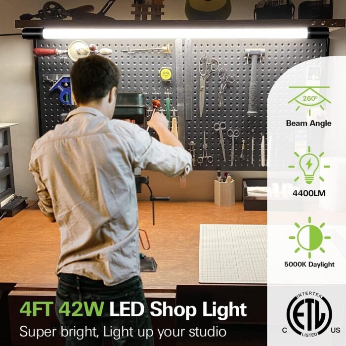6 Pack 4FT Linkable LED Shop Light, Utility Shop Light Fixture, 4400lm, 42W [250W Equivalent], 5000K Daylight Shop Lights for Garage, Hanging or Surface Mount, with Power Cord, ETL, Black - Image 2