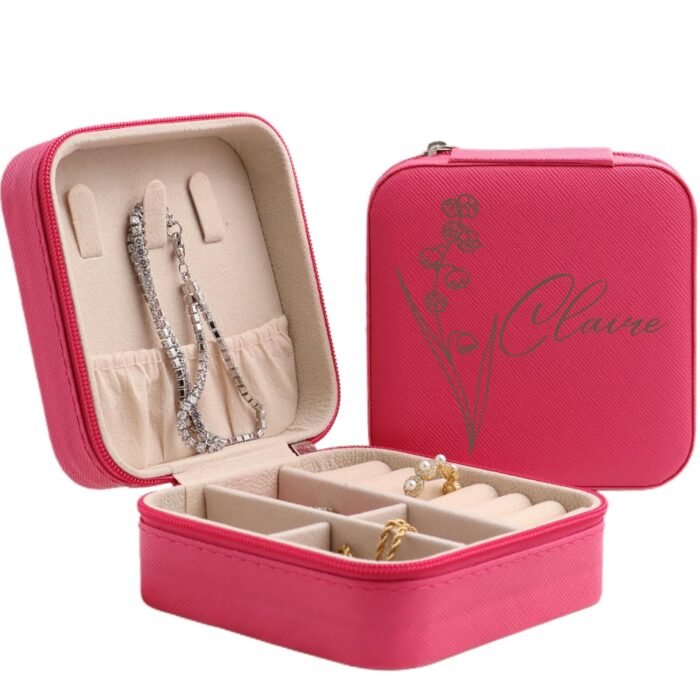 Personalized Leather Jewelry Box with Name and Birth Flower Month - Custom Jewelry Travel Case for Women, Mom, Nana, Children - Custom Name and Birth Flower Month Jewelry Organizer Box (Dark Pink)