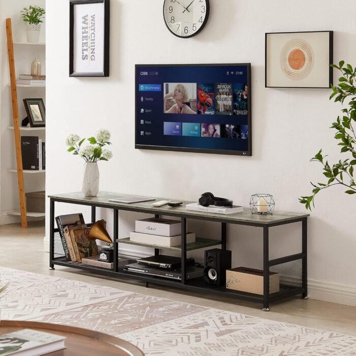 VECELO Industrial TV Stand for Televisions up to 70 Inch, 62" Entertainment Center with Open Storage Shelves for Living Room/Bedroom, 3 Tiers Media Console Table with Metal Frame, Grey, 62 Inches - Image 2