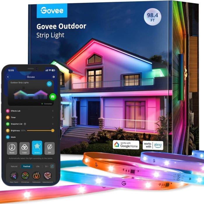 Govee Outdoor LED Strip Lights, 98.4ft Smart Outdoor Lights Work with Alexa and Google Assistant, App Control, IP65 Waterproof, RGBIC Outdoor Lights for Patio, Eave, Christmas Decorations