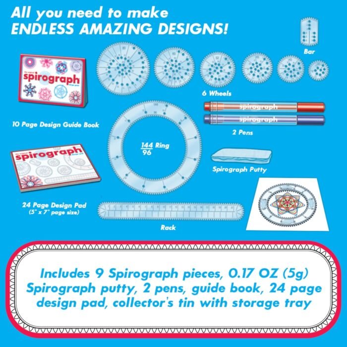 Spirograph Design Set Collectors Tin – Arts and Crafts, Kids Toys, Art Supplies, Craft Supplies, Drawing Kit, Spiral Art, Classic Gear Design Kit, Pens, Design Sheet Included, Ages 8 and Up - Image 2
