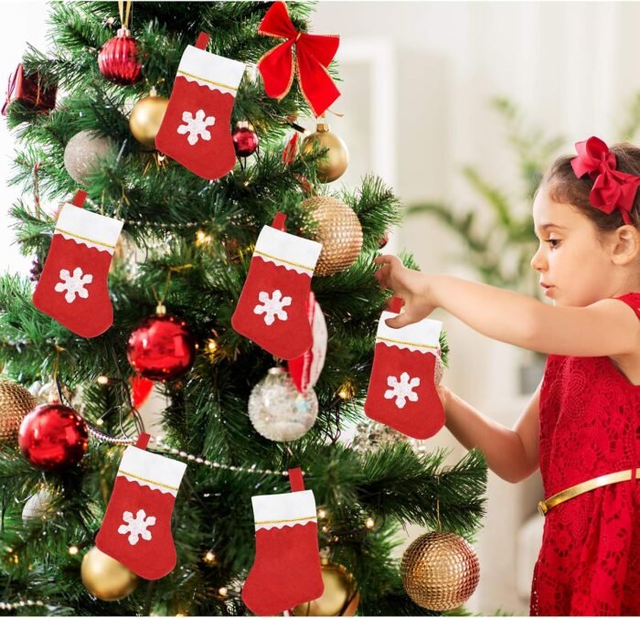 20 Pack Christmas Mini Stockings Sock Decoration Snowflake Tableware Holders, Red Felt Knife Spoon Fork Bag Candy Pouch Bag Plush Cuff Socking for Xmas Party Tree Dinner Table Home Ornaments - Image 3