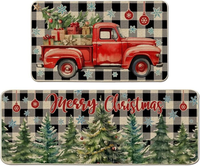 Christmas Kitchen Mats for Floor, Christmas Kitchen Rugs Set of 2 - Farmhouse Truck Black and White Buffalo Plaid Christmas Decor - Christmas Decorations for Home, Indoor 17"x27+17"x47"