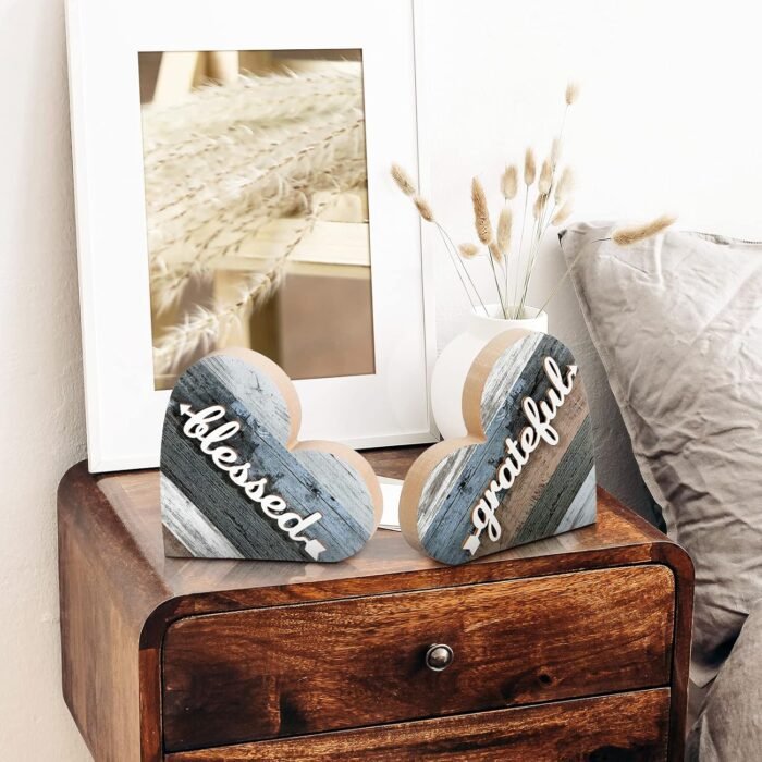 Jetec 2 Pcs Rustic Wood Home Sign Farmhouse Love Wooden Heart Shaped Table Centerpiece Valentines Day Decoration for Home Kitchen Living Room Dining Room Table Decoration (Grateful Style) - Image 5