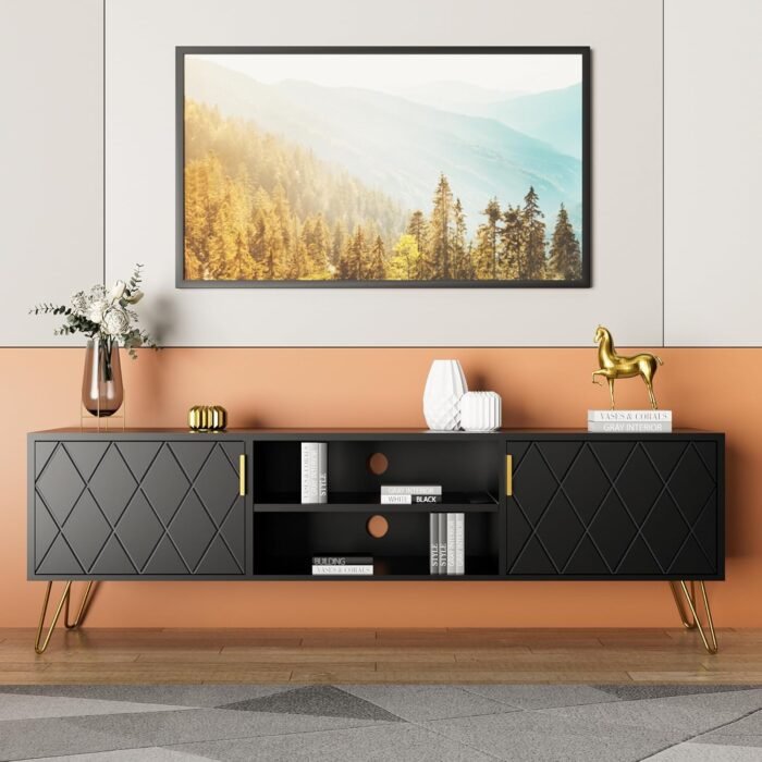 Anbuy Entertainment Center Black Media Console Wood TV Console Media Cabinet with 2 Storage Cabinet and Shelves Home TV Stand for Living Room Support TV up to 65 inch Wood TV Cabinet (Black) - Image 6