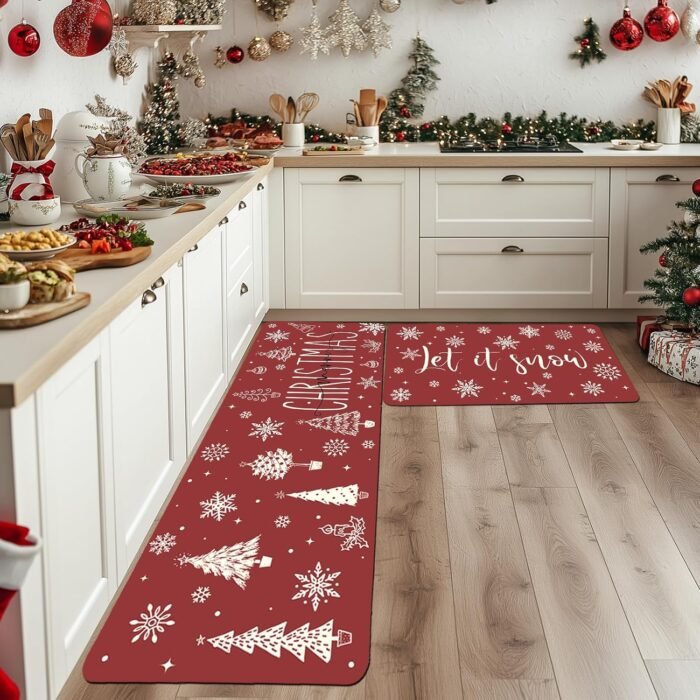 Merry Christmas Kitchen Rug Xmas Trees Winter Snowflake Let It Snow Kitchen Mats Set of 2 for Christmas Home Decor Low-Profile Kitchen Rug Set, 17x 30'' and 17x 47'' (Red, 17''x 30'' + 17''x 47'')