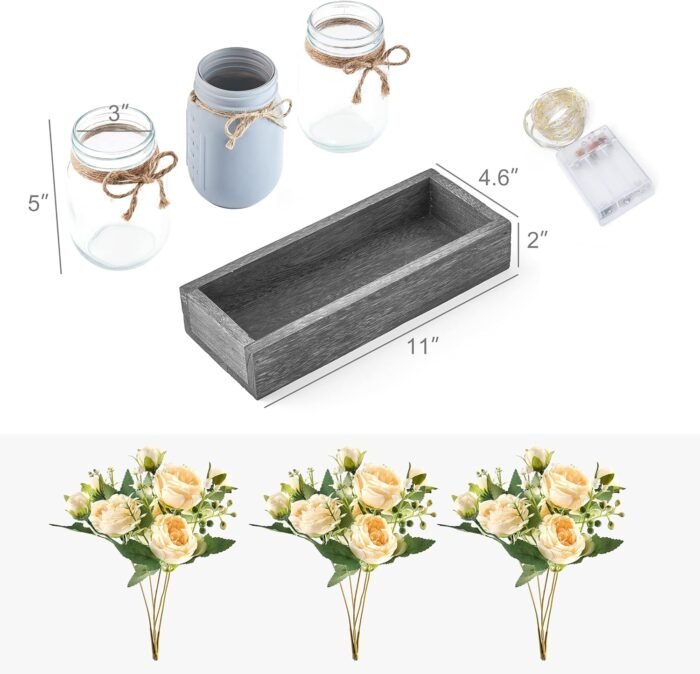 Mkono Mason Jar Lights Centerpiece Table Decorations for Dining Room Farmhouse Coffee Table Decor Tray with 3 Jars Flowers Christmas Centerpieces Decor for Kitchen Living Dining Room, Grey Blue - Image 6